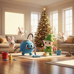 Cute Christmas cleaning scene with cartoon vacuum and elf decorating festive holiday home interior