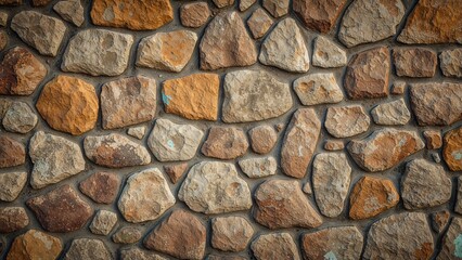 Fototapeta premium Stone wall with irregularly shaped rocks and mortar joints.