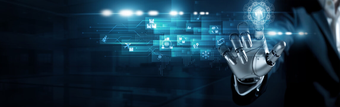 Humanoid robot touch supply chain management concept. Intelligent logistics coordination, real-time data flow, optimizing inventory, and global delivery efficiency through automation. - Powered by Adobe