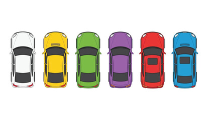 Top down view of six colorful cars lined up side by side on a white background, depicting variety and transportation options. © ARSM D