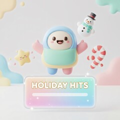 Cute Christmas music banner with snowman candy cane and pastel character celebrating holiday hits