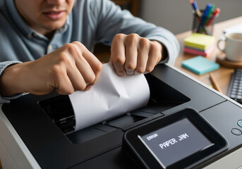 Office Frustration: Paper Jam Error in Action - A stressed employee struggles to fix a paper jam, pulling crumpled sheets from a malfunctioning printer displaying “ERROR PAPER JAM.”