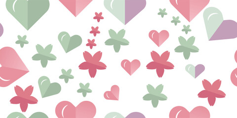 Seamless pattern of pastel hearts and flowers on white background