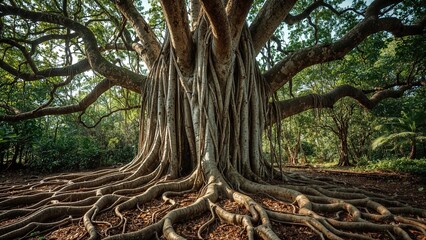 A large tree with extensive roots and thick trunk in a lush forest setting.