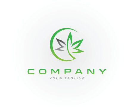 Green leaf logo with company name and tagline on vector template white business