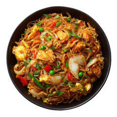 A vibrant bowl of Asian glass noodles stir-fried with chicken seafood colorful vegetables and egg served in a black bowl on a dark background,