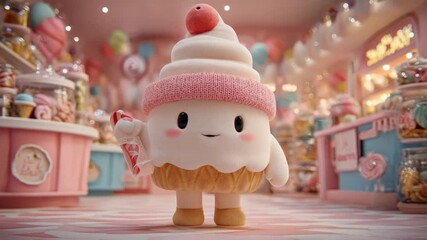 A smiling, anthropomorphic cupcake holds a candy cane in a pastel, candy-filled shop - Powered by Adobe