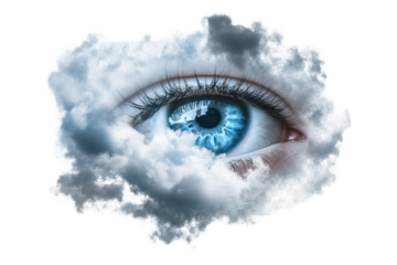 Surreal depiction of a striking blue eye surrounded by wispy gray clouds depicting imagination and perception in a dreamlike state