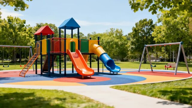 Modern Colorful Outdoor Playground in Urban Park, Bright Sunny Day, No People
