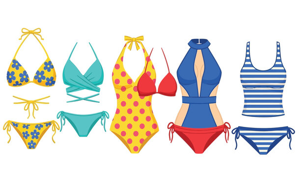 Collection of stylish swimwear including bikinis and one-piece swimsuits in various patterns and colors.