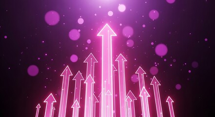 Bright neon pink arrows ascending towards light symbolizing growth and success