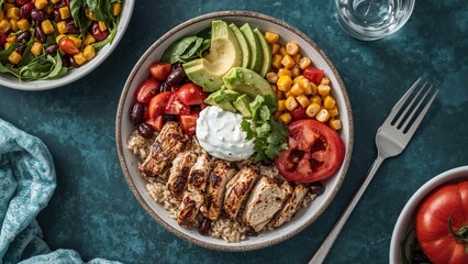 Colorful salad bowl with avocado, tomato, corn, grilled meat, and dressing, served on a dark textured surface with a fork.