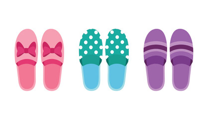 Assortment of three pairs of slippers: pink bow, turquoise polka dot, and striped purple, displayed side by side in a row.