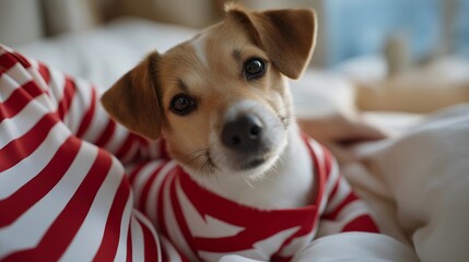 Dog wearing matching candy-cane striped pajamas alongside the owner, emotion of delight and humor visible, symbolizing playful Christmas dressing, coordinated holiday outfits, and pet-friendly