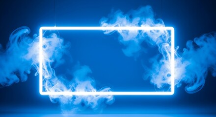 Glowing neon square frame surrounded by wisps of blue smoke and mist