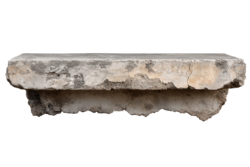 Weathered concrete shelf with cracks and peeling surface showcases the effects of time in an outdoor setting