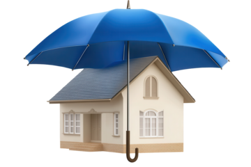 Blue umbrella offers shelter over a small house, blending simplicity with protection in a creative and whimsical scene