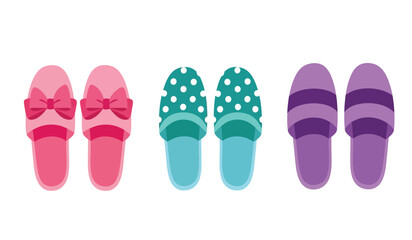 Collection of three pairs of colorful house slippers, flat design vector illustration on white background.