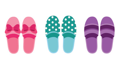 Set of three pairs of decorative slippers: pink with bows, teal with polka dots, and purple with stripes, presented flat.