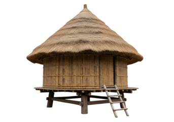Round traditional hut with conical thatched roof, bamboo walls, elevated wooden base, rustic dwelling, isolated on white or transparent background. PNG
