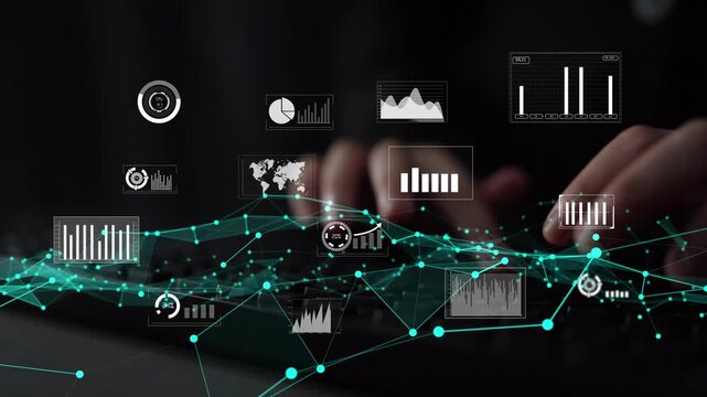 Hands are poised over a keyboard, with a digital interface showcasing various charts and graphs, illustrating data insights relevant for business analytics and growth. Xenic