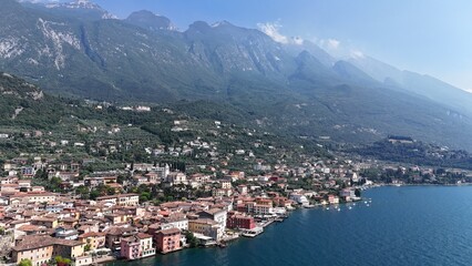 Obraz premium Malcesine Lake Garda Italy high angle drone,aerial blue sky