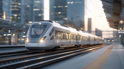 Naklejka premium Futuristic railway terminal with electric self-driving cargo trains navigating smart tracks, emotion of precision and innovation visible, symbolizing industrial automation, sustainable rail