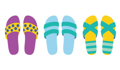 A collection of three pairs of colorful cartoon sandals and flip flops laid out in a row against a white backdrop.