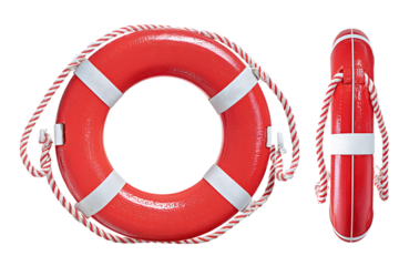 Red life buoy with rope and rescue tube isolated on transparent background for safety