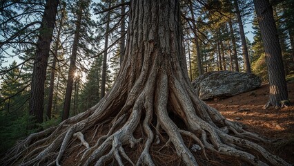 A large tree with extensive roots in a forest setting, sunlight filtering through tall trees surrounding it.