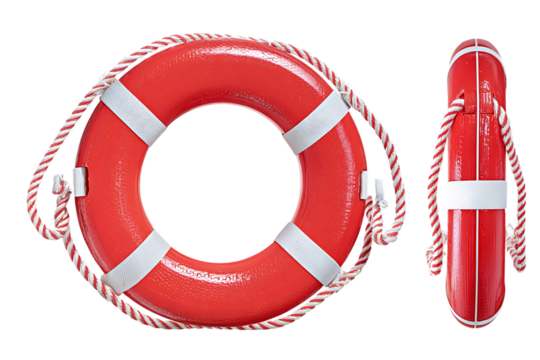 Red life buoy with rope and rescue tube isolated on transparent background for safety