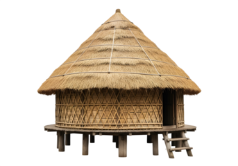 Round traditional hut with conical thatched roof, bamboo walls, elevated wooden base, rustic dwelling, isolated on white or transparent background. PNG