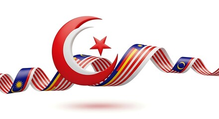Obraz premium A crescent moon and star with the malaysian flag ribbon intertwined, creating a patriotic and symbolic design, isolated on white background