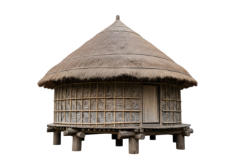 Round traditional hut with conical thatched roof, bamboo walls, elevated wooden base, rustic dwelling, isolated on white or transparent background. PNG