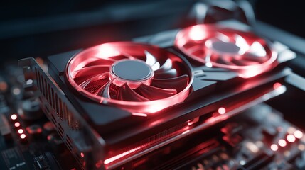Close-up of GPU fans spinning rapidly with heat sensors glowing red, emotion of intensity visible, symbolizing the raw computational power and energy demand of modern cryptocurrency mining