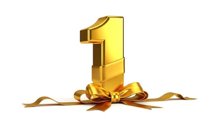 Golden number one with ribbon isolated on white background, a symbol of victory, achievement, or first place, perfect for celebrating anniversaries or special occasions
