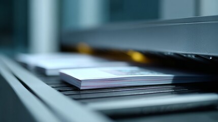 Close-up of a printing machine outputting freshly printed materials in a modern facility