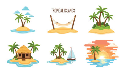Fototapeta premium Collection of six flat design vector illustrations depicting various tropical island scenes and elements