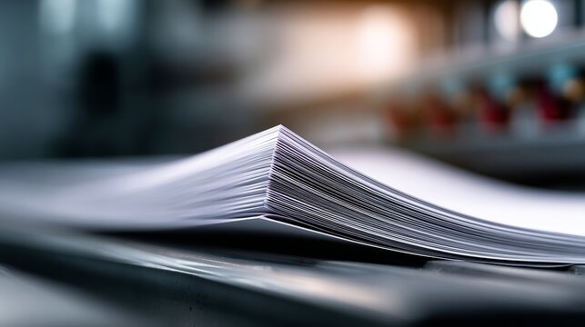 Stack of neatly aligned paper sheets on a printing press in a professional print shop