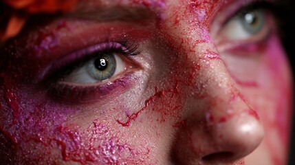 Naklejka premium Close-up of Artistic Makeup Featuring Vibrant Red and Pink Textured Design on a Person's Face