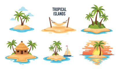 Obraz premium Collection of diverse tropical island scenes featuring palm trees, beaches, huts, hammocks, and sailboats in clear blue ocean water.
