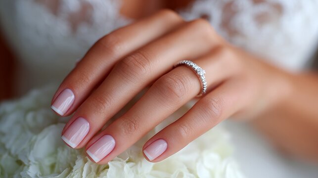 Close-up of a woman's hand with polished nails and a diamond ring resting on a bouquet of white flowers - Powered by Adobe