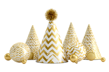 Party hats and balls isolated on transparent background for birthday celebration concept