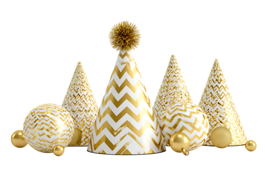 Party hats and balls isolated on transparent background for birthday celebration concept