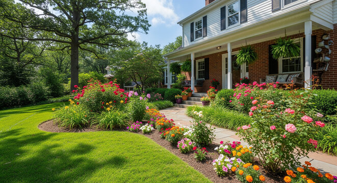 a house with colorful flower plants in the yard
