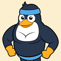Obraz premium A muscular cartoon penguin wearing a blue headband and orange gloves stands confidently with its hands on its hips