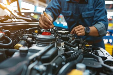 a car mechanic works on the engine of a vehicle in a workshop