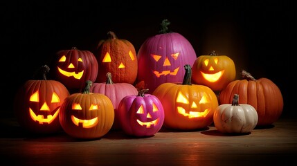 A collection of carved pumpkins with glowing faces arranged in a dark setting celebrating Halloween
