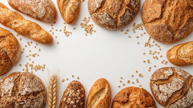 Assorted bread and baked goods arranged in a circular pattern with wheat grains and stalks, on a white background.