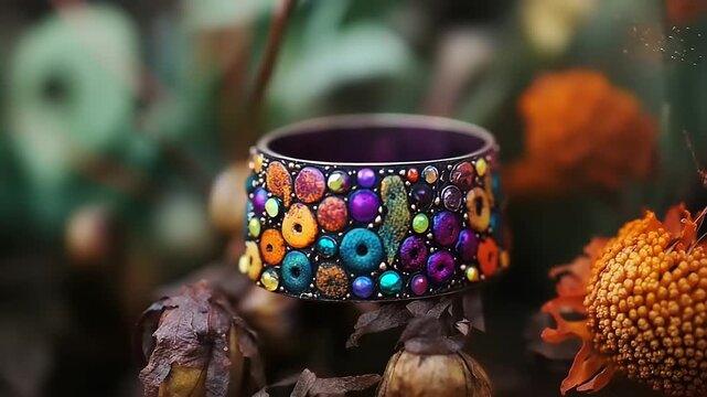 Wide ornate bangle bracelet adorned with colorful mosaic beads set in natural outdoor setting